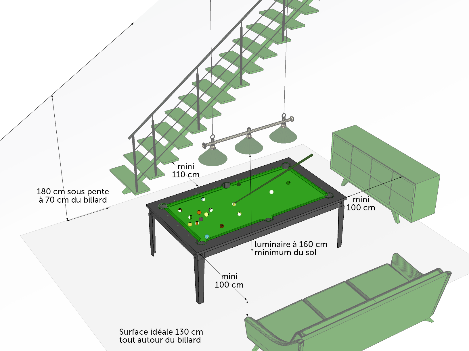 Vue 3D de l'agencement d'une salle de billard avec les distances nécessaires entre le billard et les obstacles